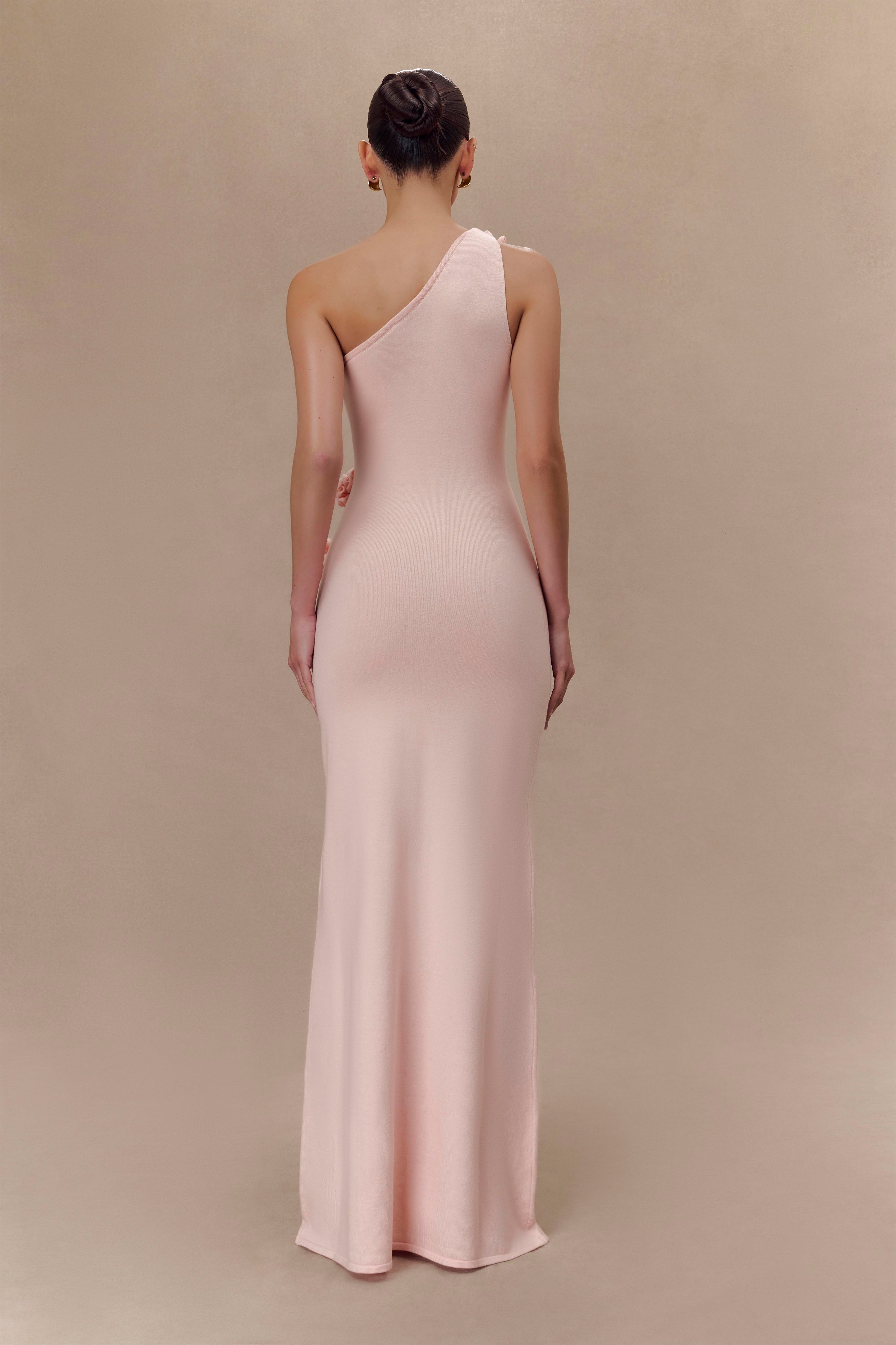 Pink One Shoulder Knit Maxi Dress With Flowers