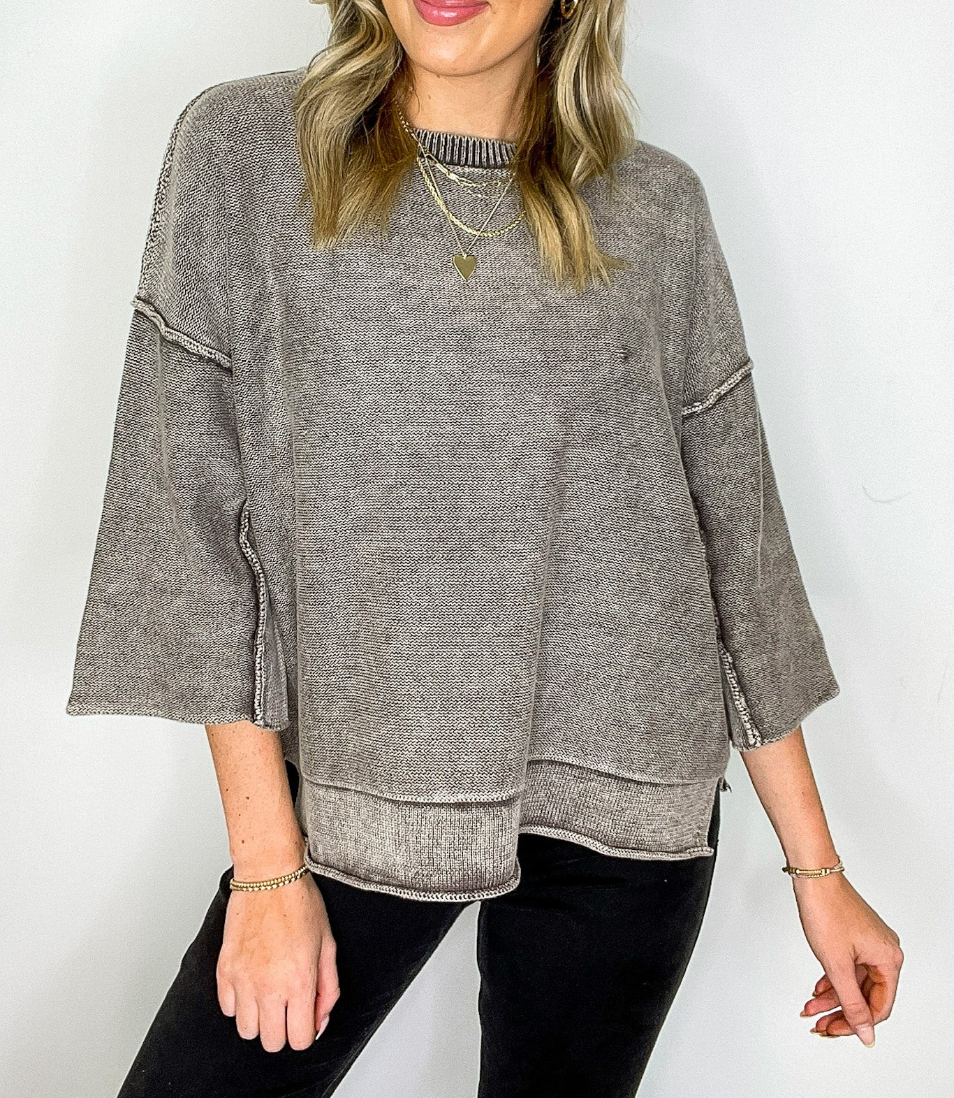 Cozy Fade Washed 3/4 Sleeve Relaxed Sweater