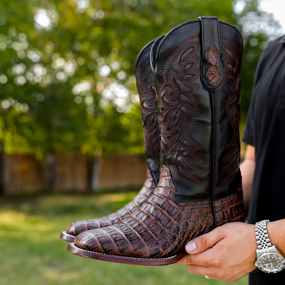 Chocolate Brown Caiman Hornback Leather Boots - Square Toe