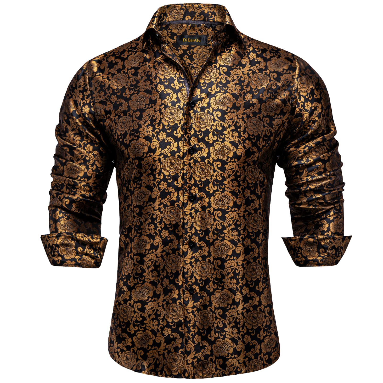 Men's Paisley Dress Shirt Long Sleeve Wrinkle Free Button Down Cowboy Shirts - Dark Black&gold&paisley