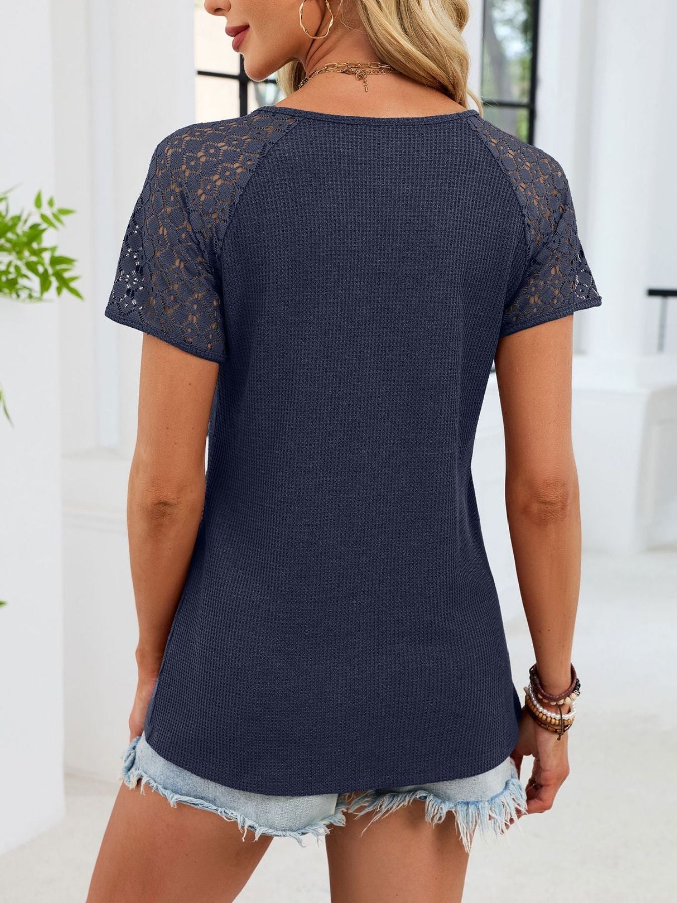 Lace Sleeve V-Neck Waffle Knit T-Shirt