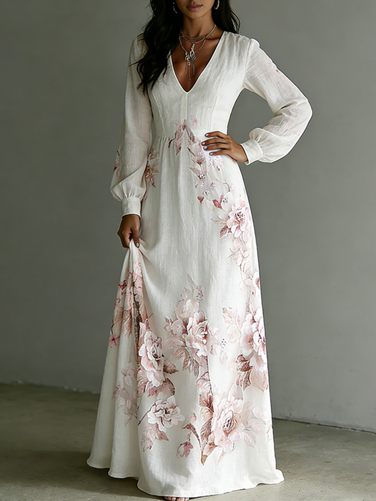 Women's Vintage Rose Art V-neck Long Sleeve Maxi Dress