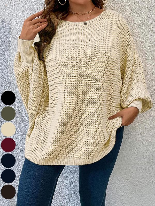 Women's Solid Color Knitted Boat Neck Batwing Sleeve Casual Classic Elegant Pullover Sweater, Autumn/Winter Fall Outfit
