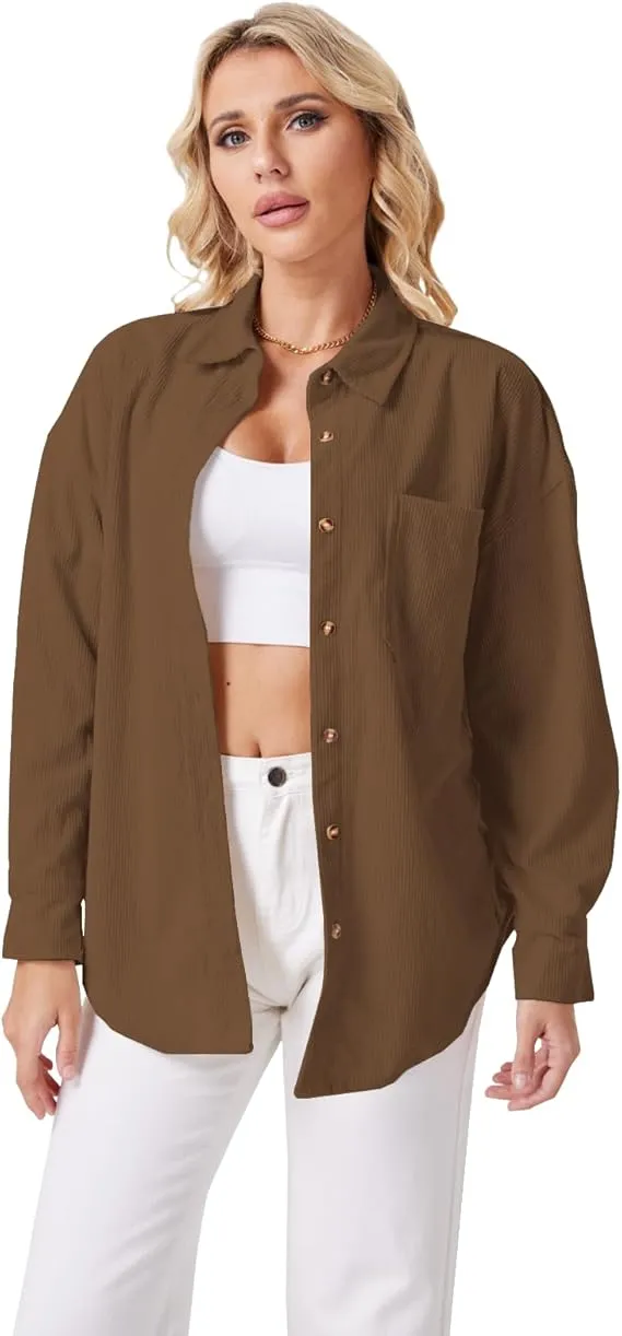 Women's Plain Pocket Button Front Corduroy Shirt