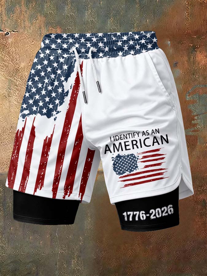 Men'S Independence Day Founding Celebration Printed Pattern Slim Fit Double Layer Sports Elastic Belt Quick Drying Breathable Shorts