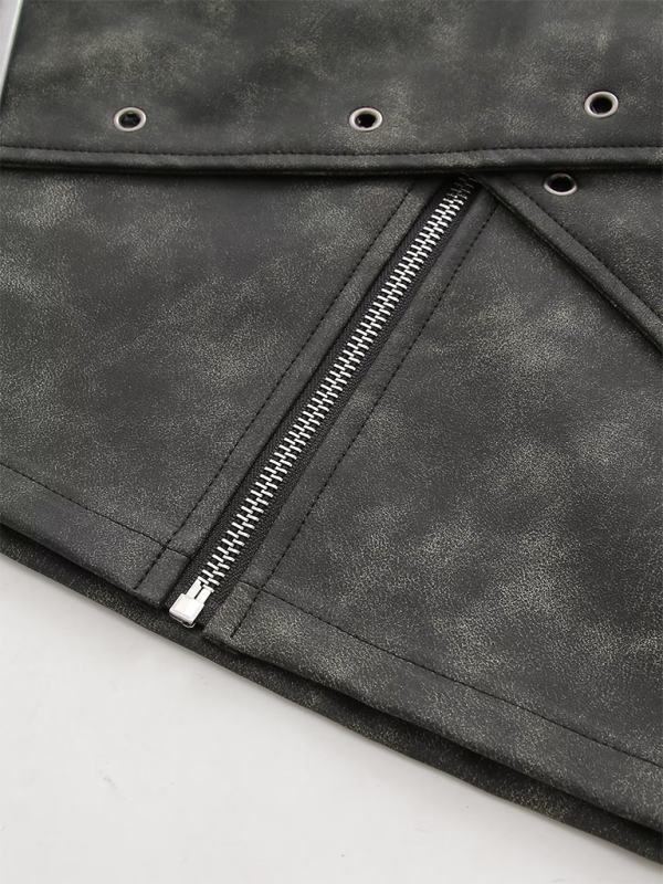 Retro Workwear Style Zipper Belt Decorated Short Pu Leather Skirt