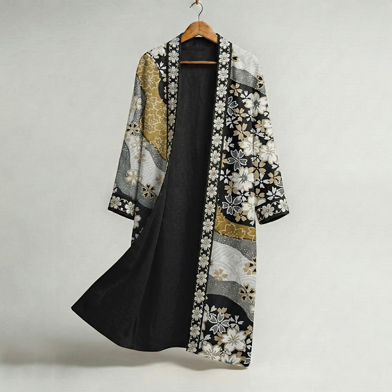 Men's Retro Floral Art Print Linen Long Kimono