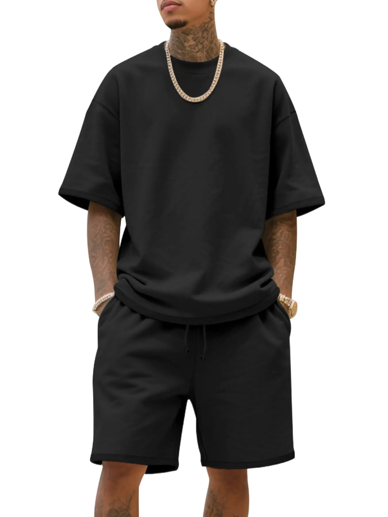 Men's Summer Casual Set, Pure Color Round Neck Short Sleeve Knit Tee & Shorts, Classic Loose Fit Sportswear