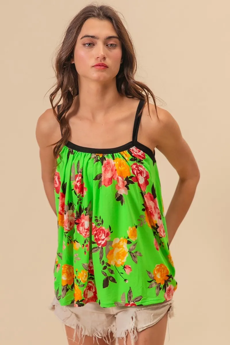 Floral Print Jersey Knit Gathering Cami Top