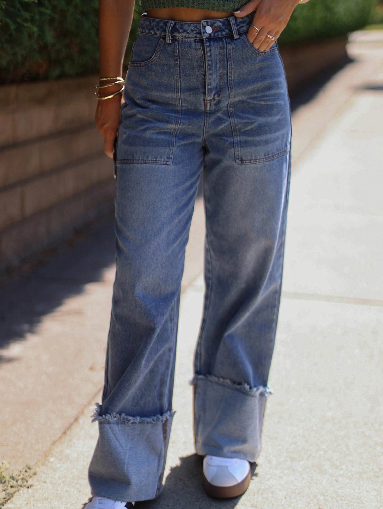 Women's high-waisted, rolled-up retro casual jeans_CWJP00871