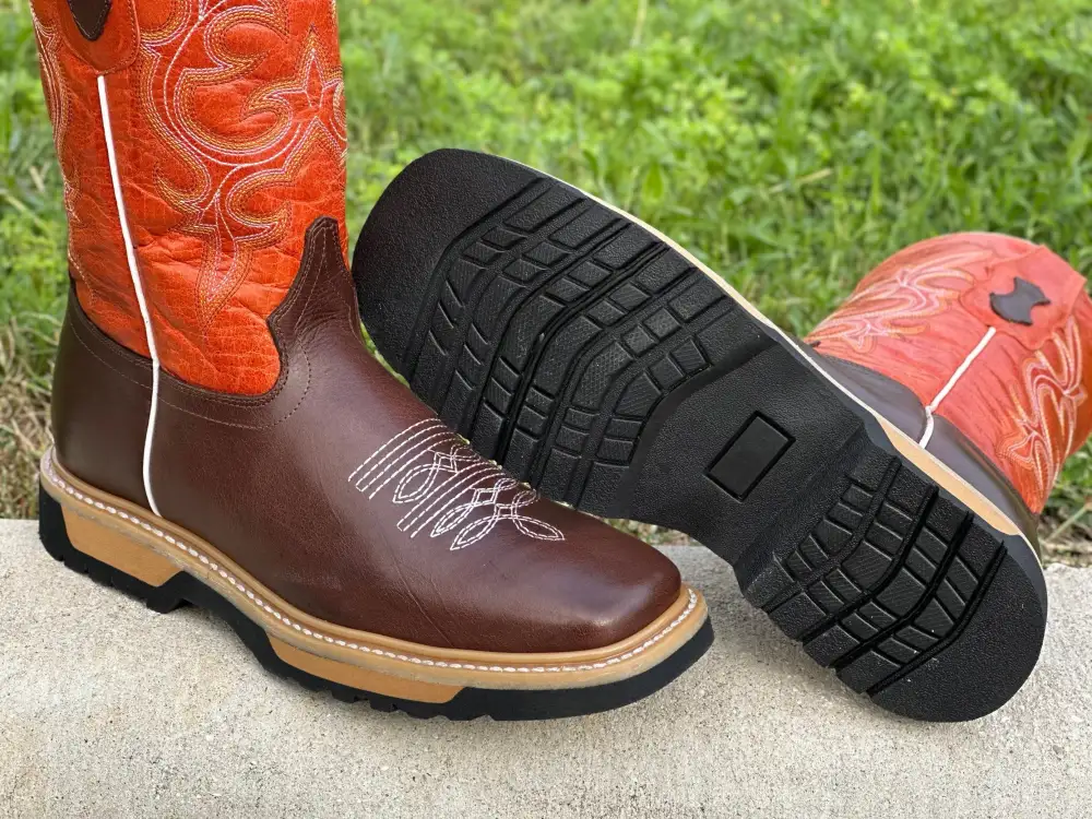 Men’s Brown Leather Work Boots With Orange Shaft