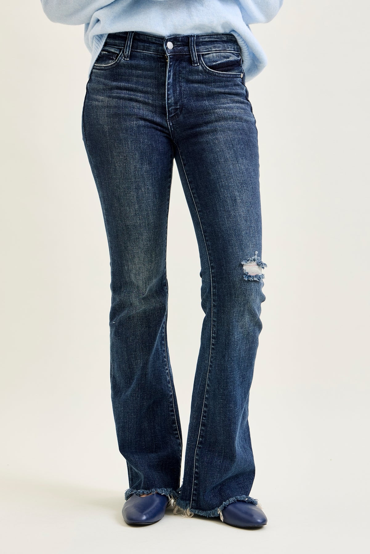 Amanda Mid Rise Flare Jeans with Distressed Knee & Frayed Hem