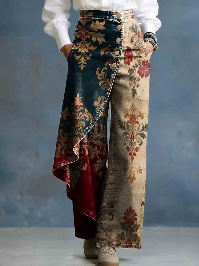 Women's Vintage Ethnic Pattern Patchwork Art Stylish Design High-waisted Relaxed Fit Wide-leg Jeans