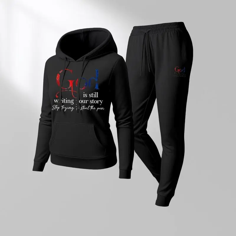 Women'S God Letter Print Hoodie And Drawstring Track Pants Set