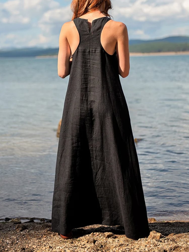 Women's Casual Solid Color Sleeveless Linen Long Dress  4544