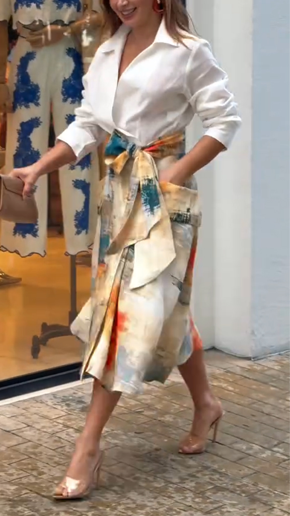 Women Lapel Shirt + Printed Skirt Casual Suit