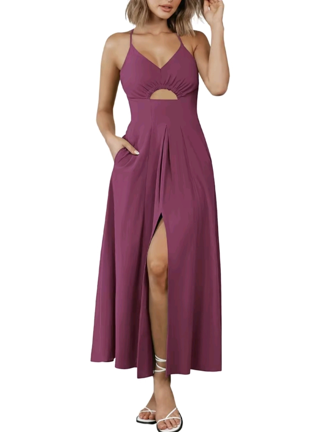 BTFBM Women's 2025 Summer Maxi Dress – Spaghetti Strap V-Neck Sleeveless Dress with Side Slit, Cutout Detail & Pockets | Casual Beach Party Outfit