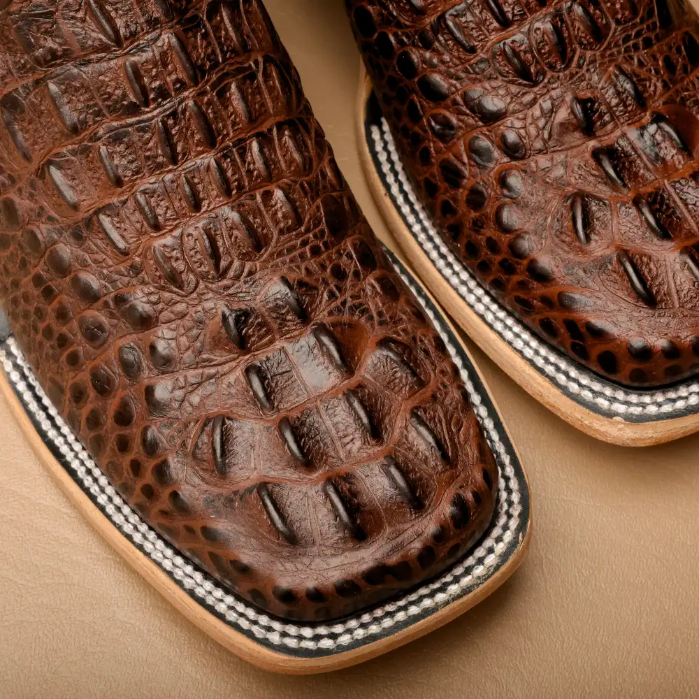 Brown Caiman Neck Leather Boots - Square Toe