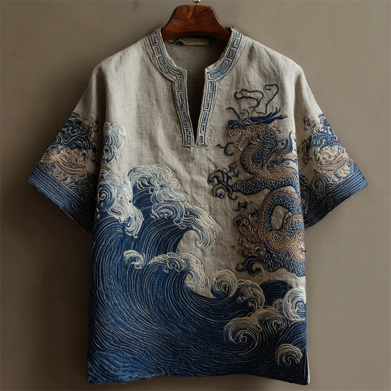 Japanese Sea Waves & Dragon Embroidered Linen Shirt