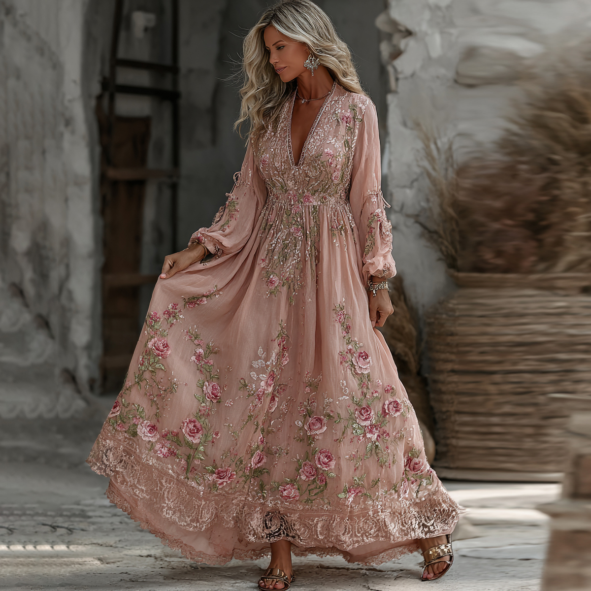 Women's Bohemian Style Rose Patchwork Lace Long-sleeved V-neck Dress