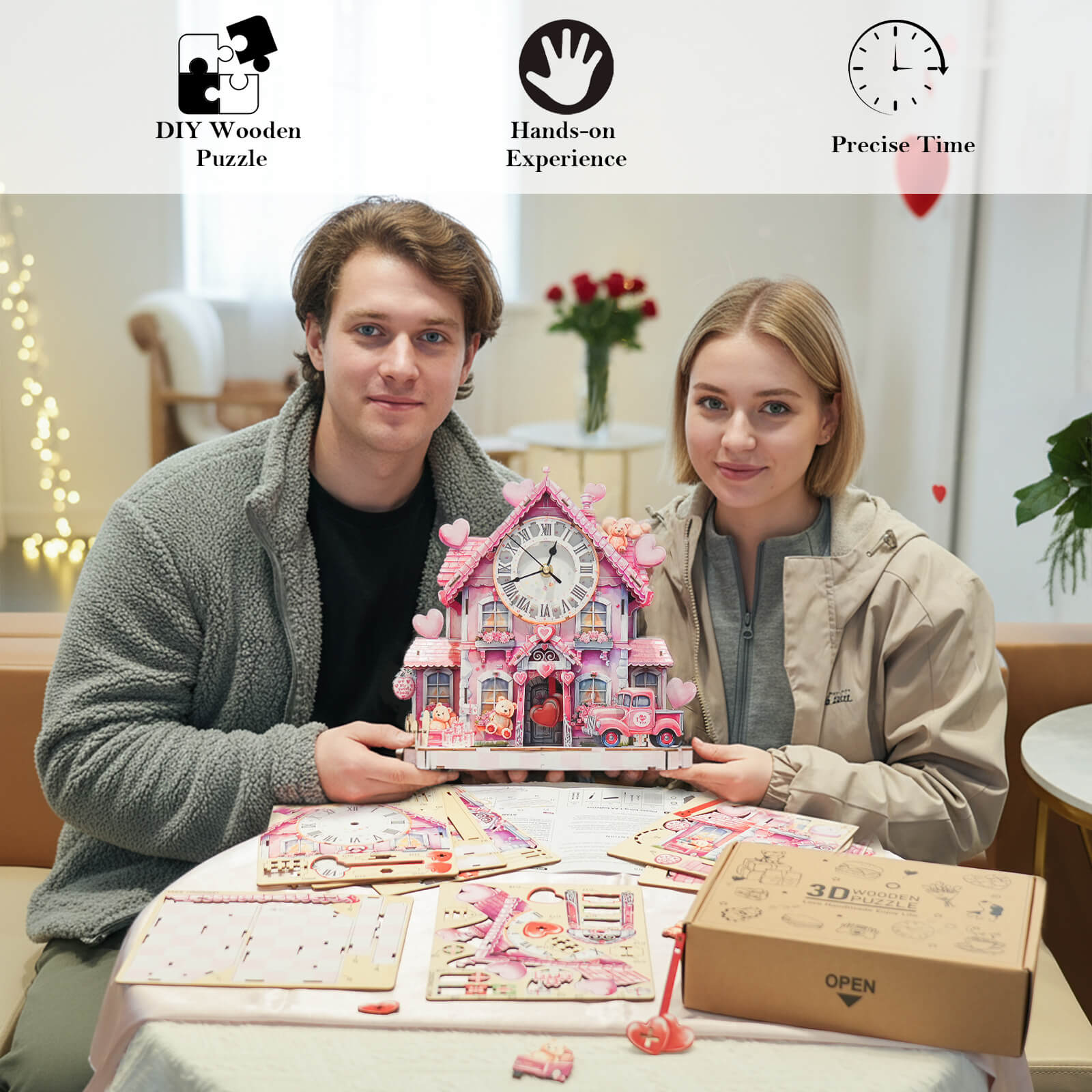 Sweetheart Cottage â€“ DIY Wooden Clock, 3D Puzzle Craft Kit