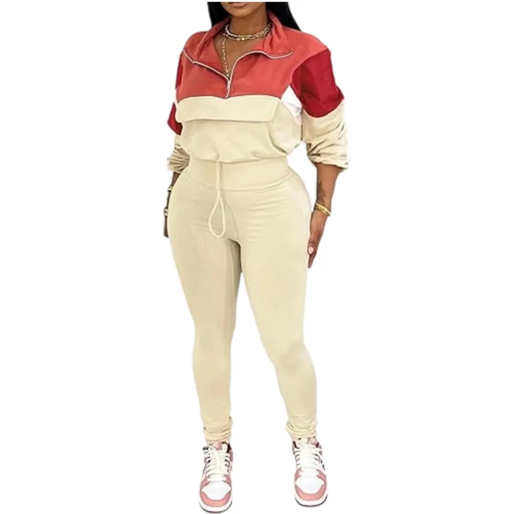 Women's Colorblock 2-Piece Knit Zip Jacket Elastic Waist Tracksuit