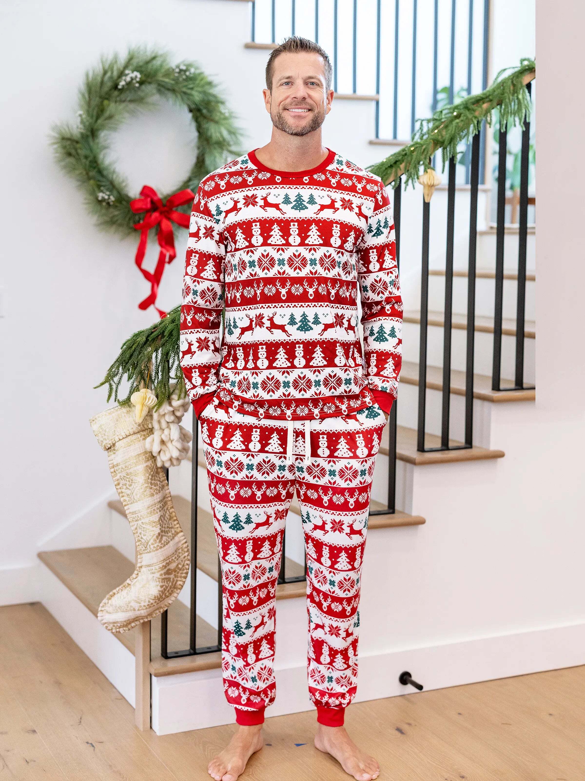 Christmas Matching Family Pajamas Set Reindeer and Snowman Print Red Long-sleeve PJS with Christmas Socks Red