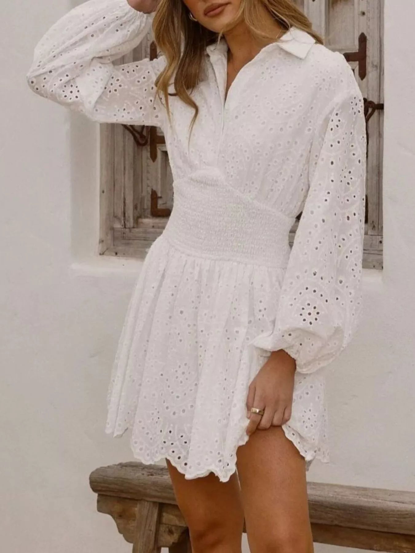 Eyelet Balloon Sleeve Mini Dress