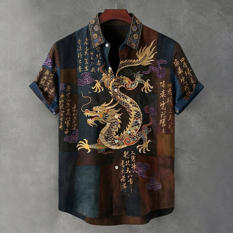 Men's Vintage Japanese Calligraphy Dragon Art Pattern Linen Blend Shirt