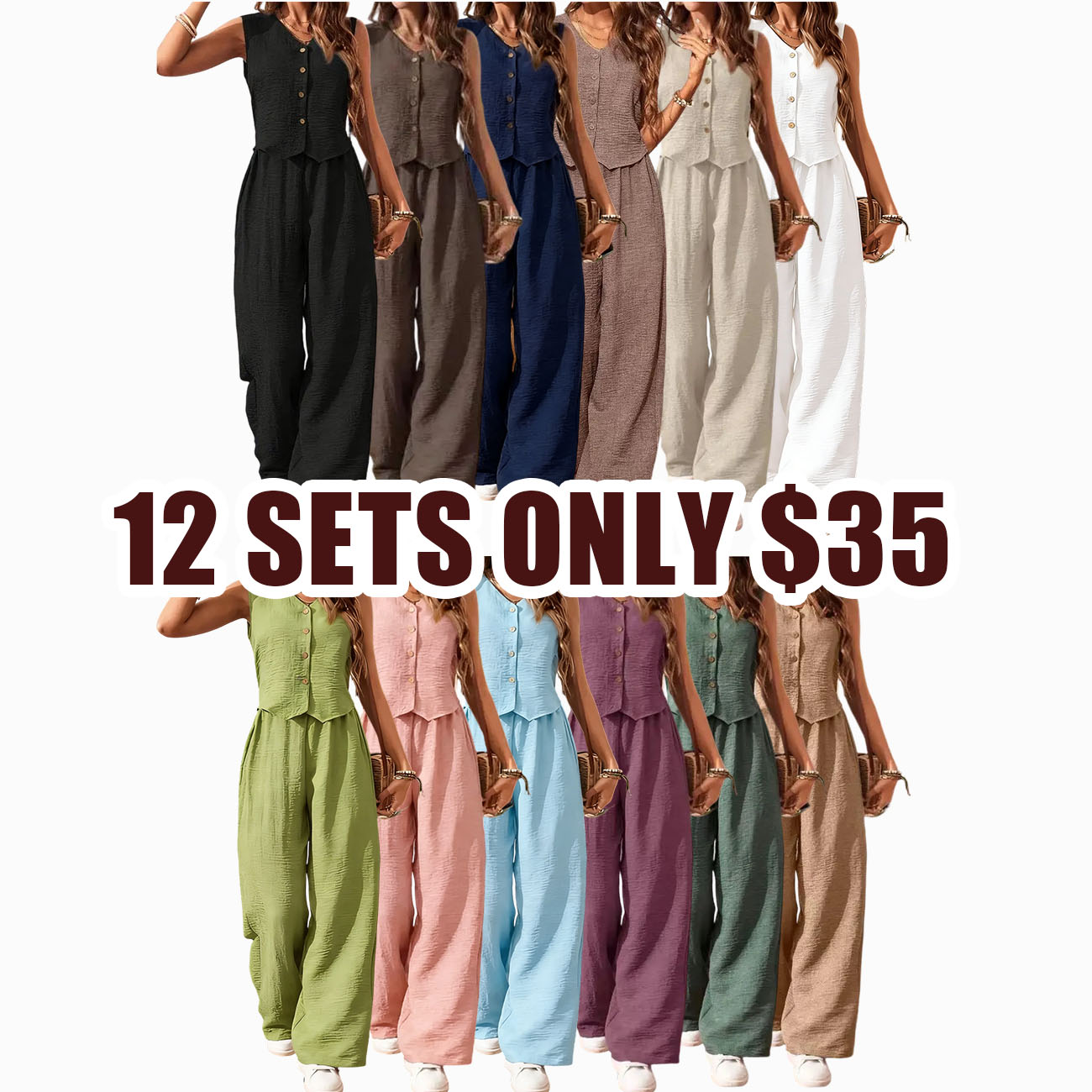 Women's 2 Piece Vest and Pants Set, Casual Button Down Waistcoat and Wide Leg Pants Matching Outfit