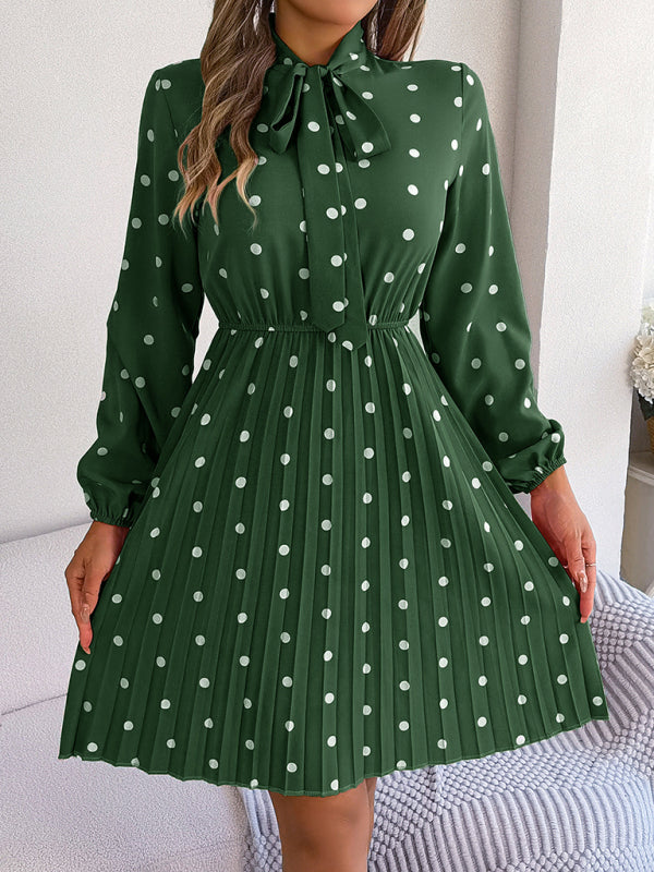 Elegant Polka-Dot Lace-Up Waist Long-Sleeved Pleated Skirt
