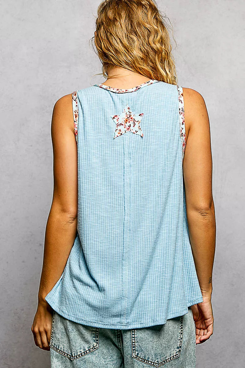 POL Washed Ribbed V-Neck Tank with Floral Print Star Patch