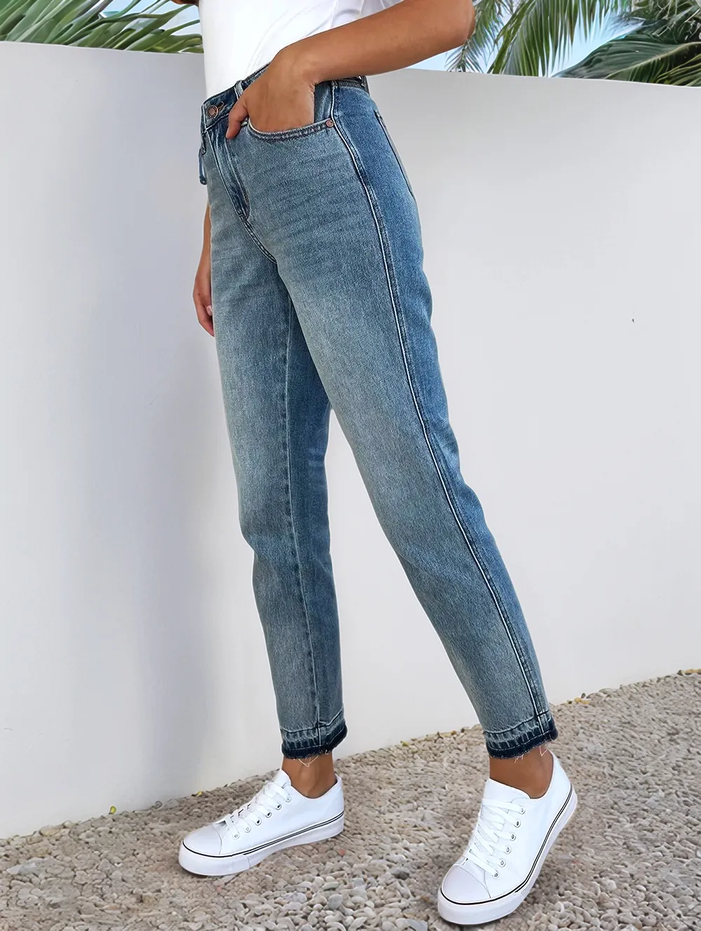 Blue Full Size Mid Rise Rigid Magic Release Hem Jeans