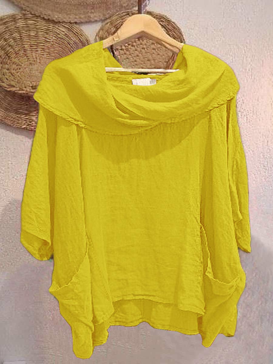 Women's Solid Color Draped Neck 3/4 Sleeve Comfortable Casual Linen Pocket Top