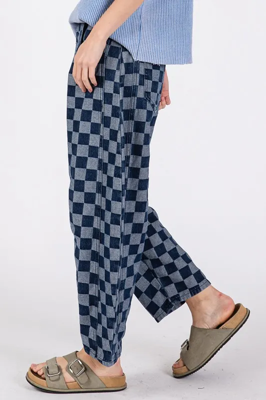 Barrel Style Leg Checkered Print Jeans