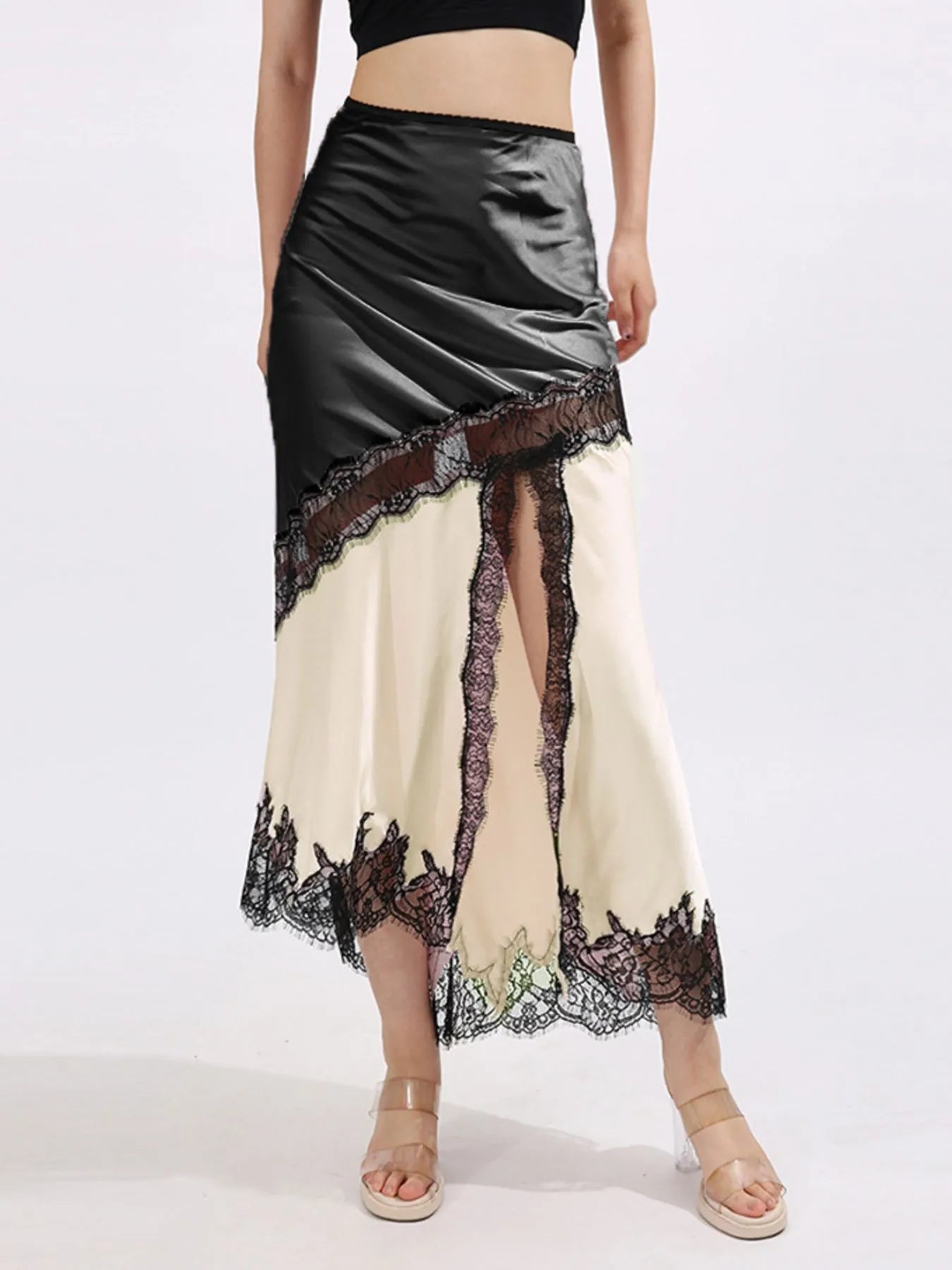 Lace Trim Asymmetrical Midi Skirt