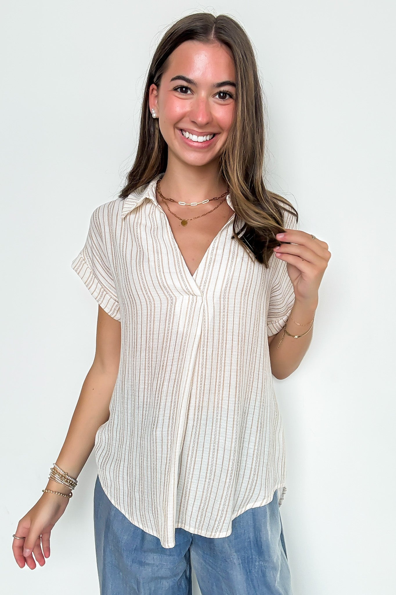 Collared Pintuck Detail Cuff Sleeve Shirt