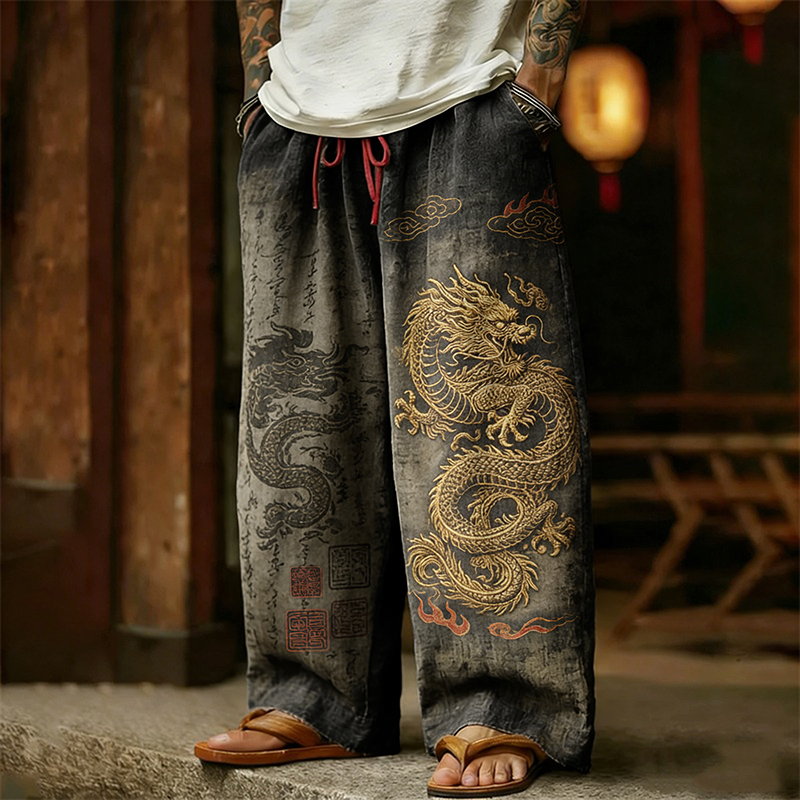 Men's Retro Dragon With Calligraphy Art Linen Pants