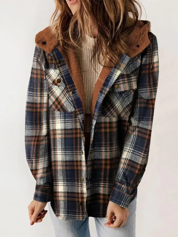 Women's Plaid / Houndstooth Print Button Front Hooded Coat