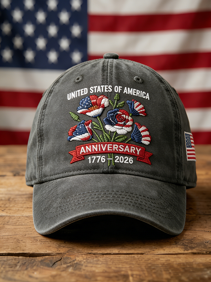 Unisex USA 250th Anniversary Floral Embroidered Washed Baseball Cap