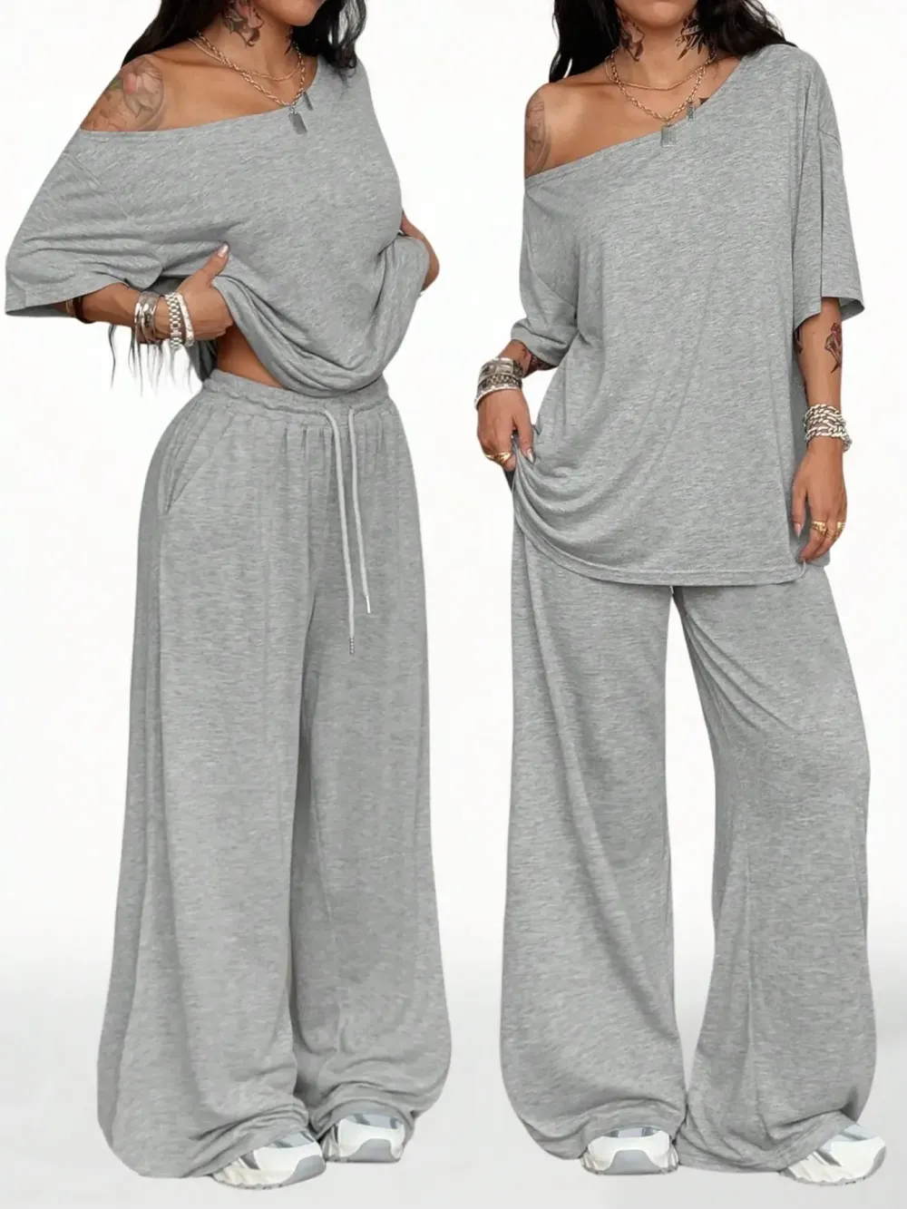 Women's Casual Solid Color Sport Two-Piece Set, Loose Long Pants & Wide Leg Slant Neck Pant Suit