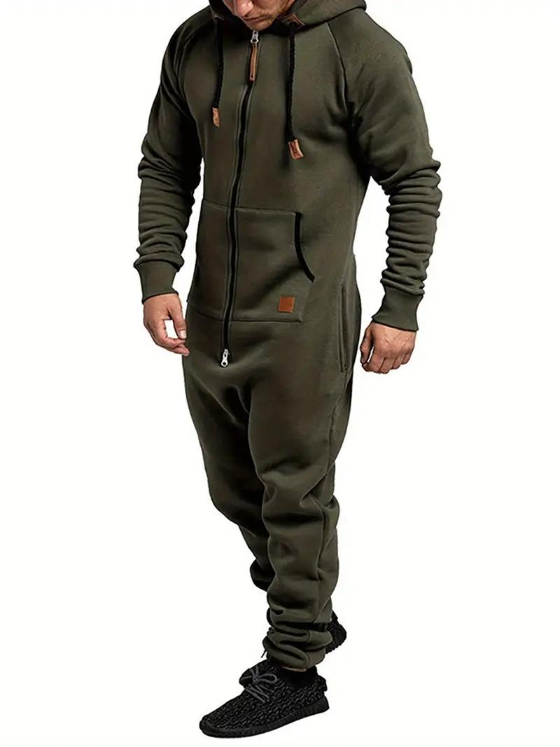 Mens Fleece Lined Hooded Jumpsuit Full Zip Up One Piece Pajamas Onesie Overalls Rompers Playsuit Jogging Sweatsuits