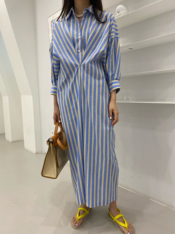 Buttoned Contrast Color Pockets Striped Long Sleeves Loose Lapel Shirt Dress Midi Dresses