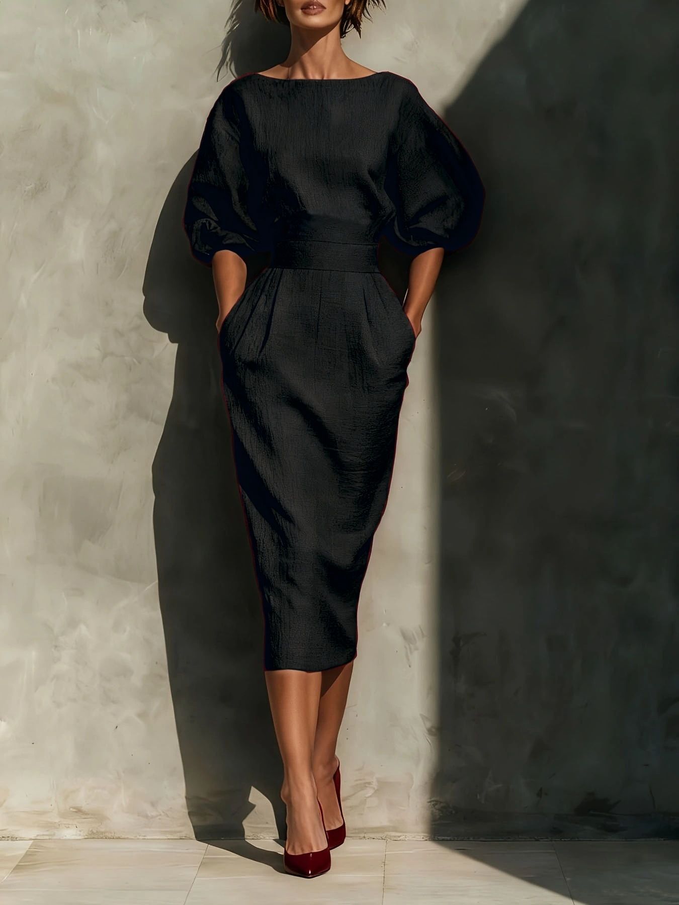 Round Neck Puff Sleeves Midi Dress