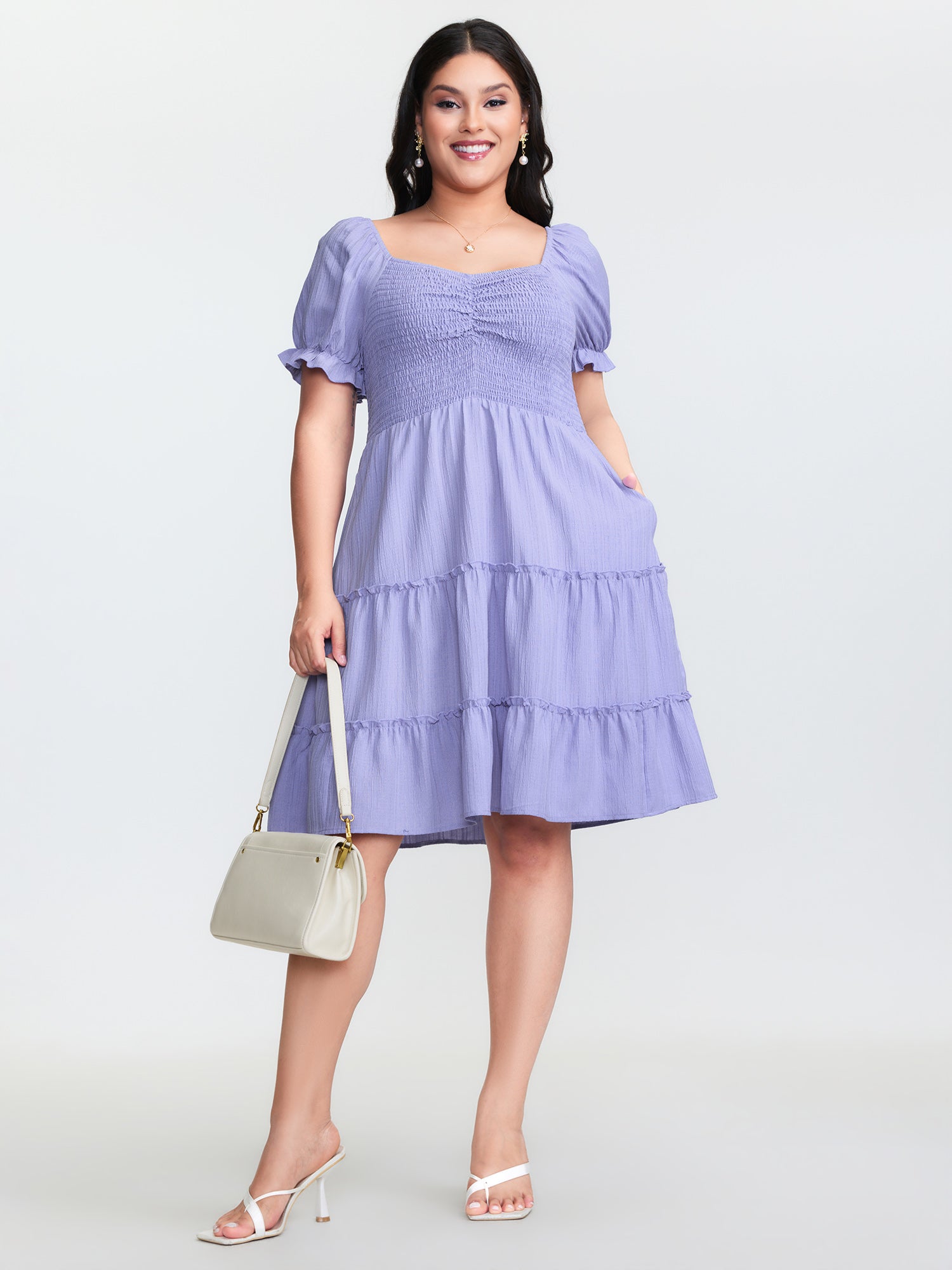 Shirred Tiered Gathered Sleeve Mini Dress