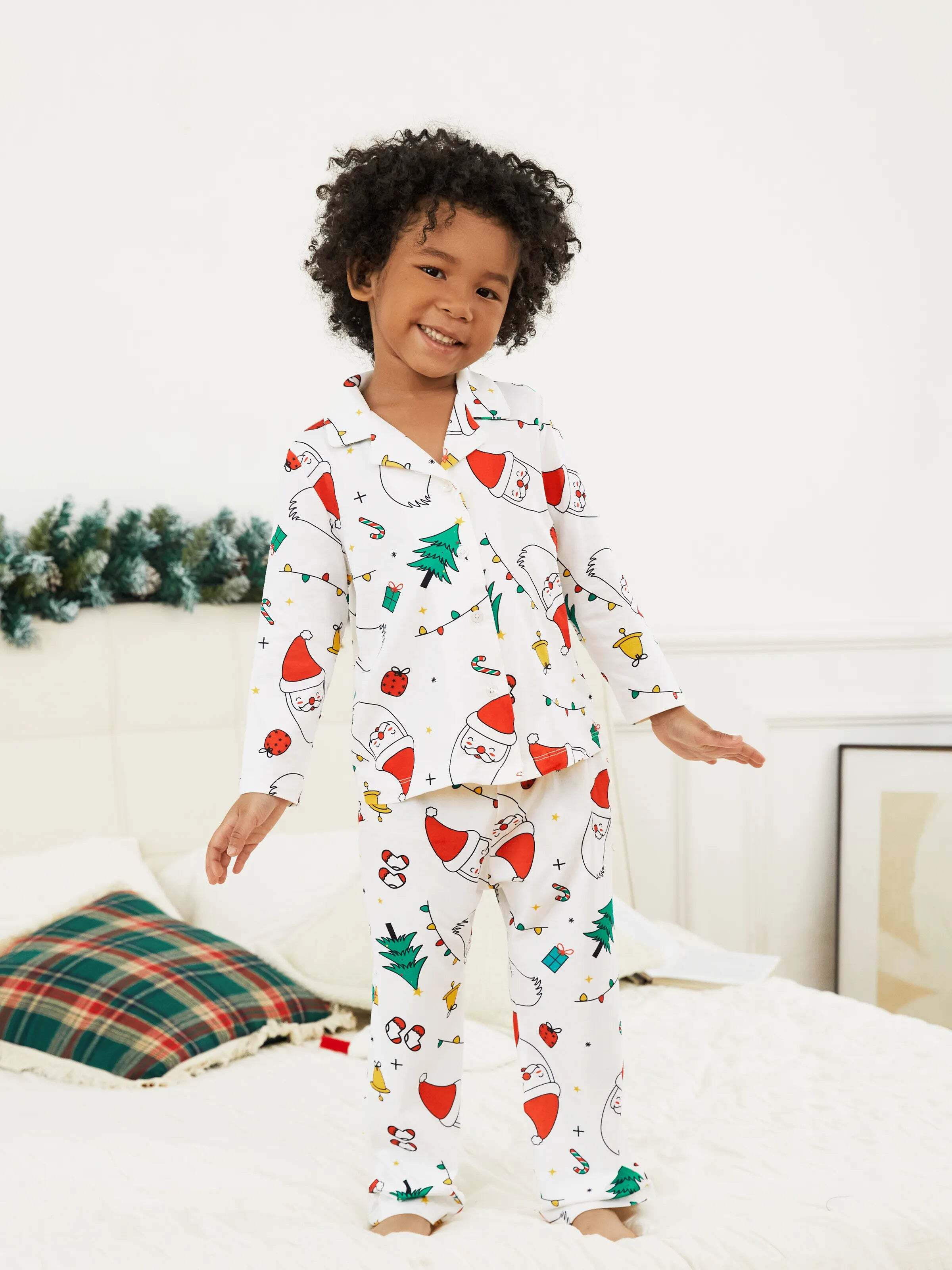 Christmas Family Matching Colorful Festival Theme Print Long Sleeve Pajamas Sets with Christmas Socks White