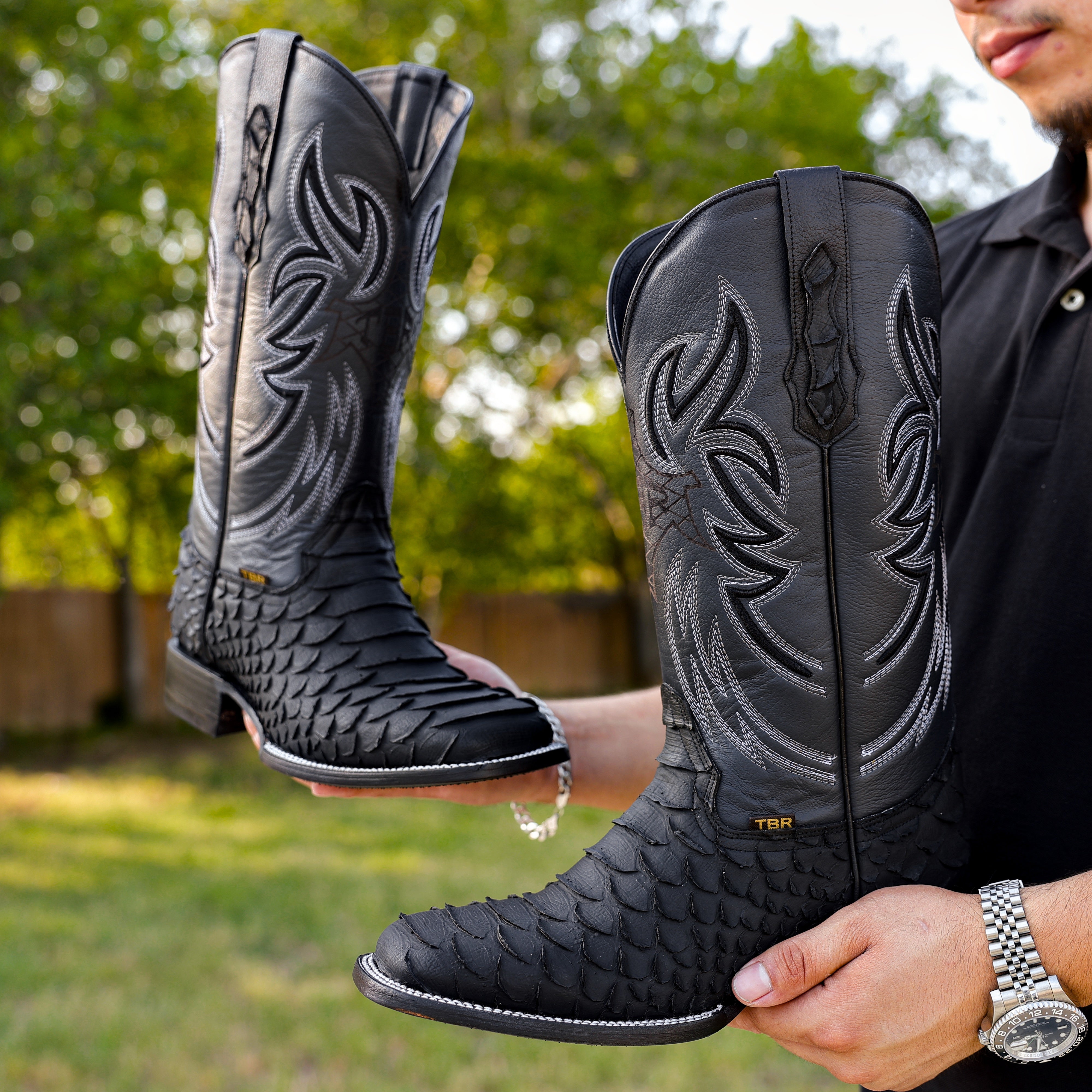 Matte Black Jumbo Python Leather Boots - Square Toe