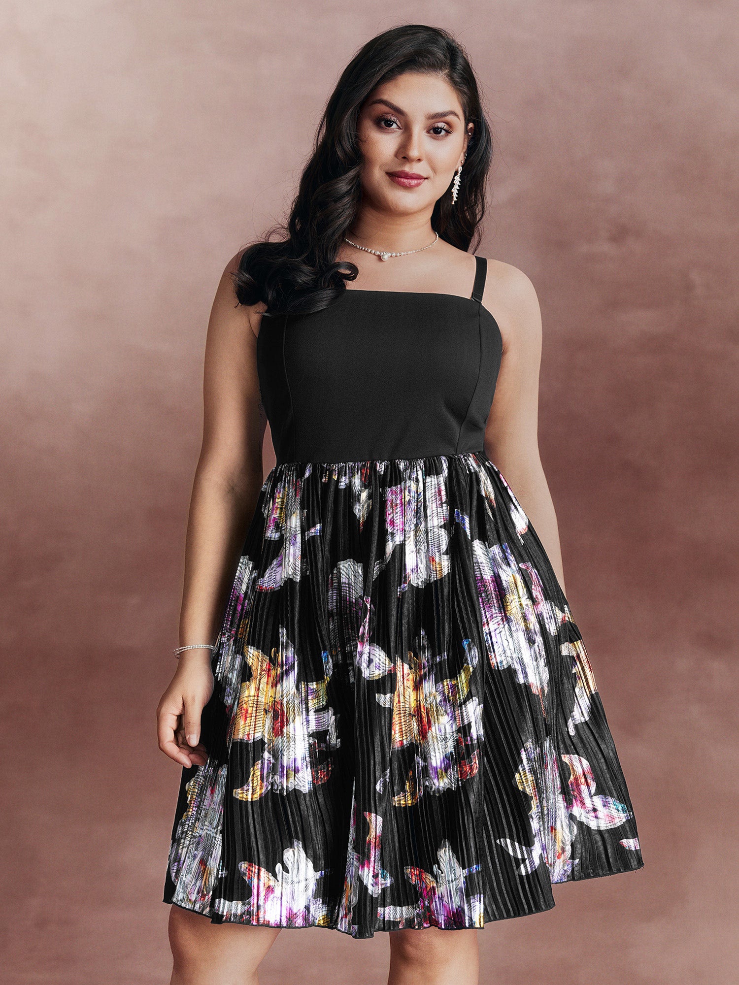 Floral Pleated Detachable Straps Contrast Mini Dress