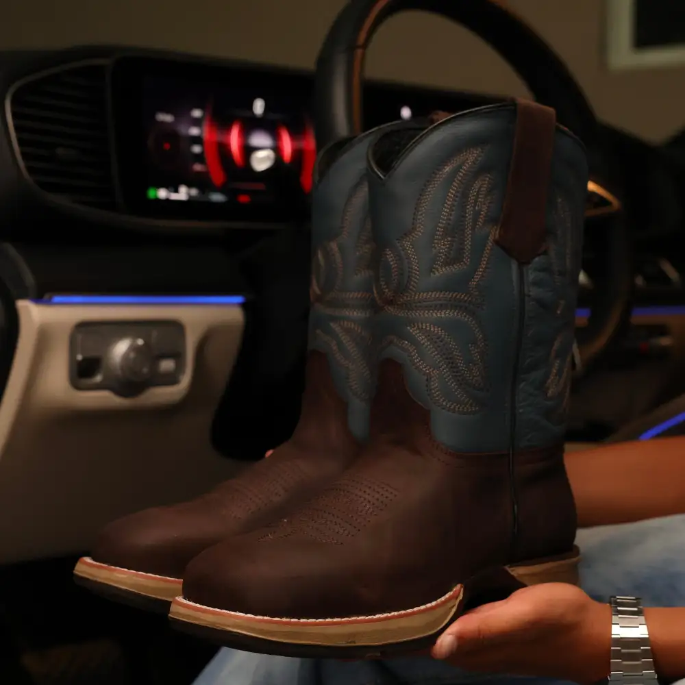 Chocolate Brown Leather Work Boots With Blue Shaft - Square Toe