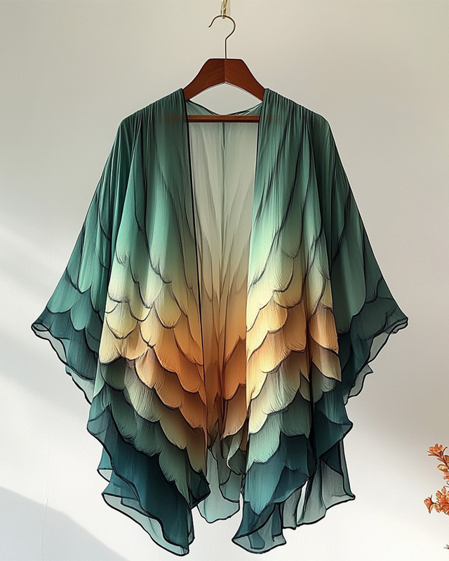 Summer comfortable handmade feather theme embroidery print gradient color cardigan 6b69